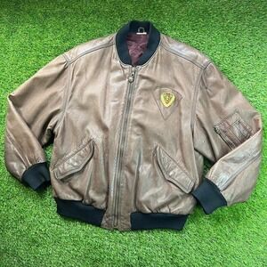 VTG Hugo Boss Leather Bomber Jacket Men L Brown 90s Grunge Soft Full Zip Patches